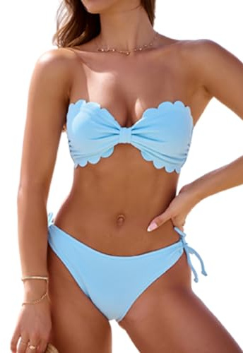 Rajputana Womens Wavy Edge Bandeau Bikini Strapless Tie Back Side String Bathing Suits Two Piece Swimsuit Blue