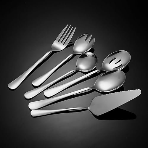 JIANGZHIB 6 Stück Salatbesteck Edelstahl Vorlegebesteck, 20cm Servierlöffel Edelstahl Salatgabel, Runde Löffel und Undichter Löffel, Servierlöffel Groß Edelstahl Set für Zuhause, Bankett, Cafeteria