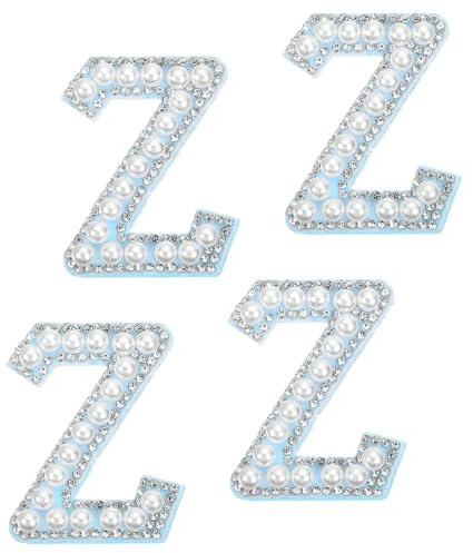 sourcing map 10 Pcs Iron on Letter Patches, Letter Z Rhinestone Alphabet Applique Rhinestone Pearl English Letter Sewing Patches for Clothing Hats Jeans Shoes DIY Craft, White/Blue