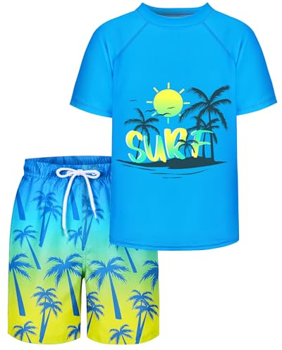 Boys Swimming Costume, Two Piece Rash Guard Swimsuits Sets Kids Short Sleeve Swim Shirts Bathing Suit with Swim Trunks