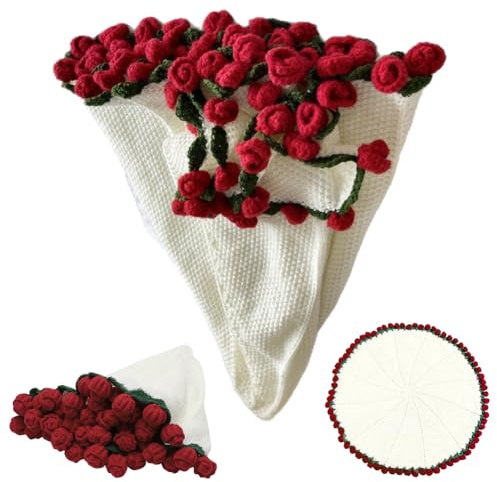 DASIAUTOEM Coperta per bouquet di fiori, con fiori all'uncinetto, coperta a maglia con fiori, coperta a forma di rosa, idea regalo per donne, mamma, fidanzata, compleanno, Natale, San Valentino, Rosso
