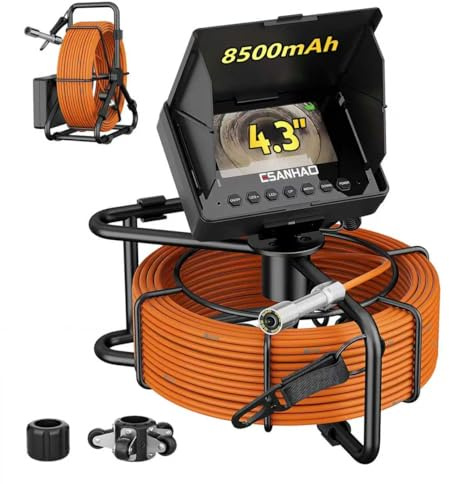 ESANHAO Telecamera per Ispezione Fognature, Telecamera per tubi 4,3 con Funzione DVR, Cavo 5mm e Marcature Metriche, Endoscopio Industriale 23mm con Batteria 8500mAh, Scheda 32GB (30M NO DVR)
