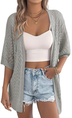 EVALESS Women's Crochet Short Sleeve Cardigan Sweaters, Light Grey, Small
