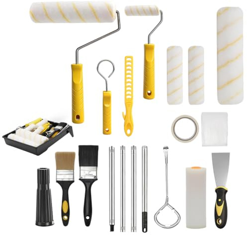 18-teiliges Farbroller Set, Farbroller Wandfarbe mit 30-120cm Teleskopstange, 23cm + 11cm Malerrolle mit Pinsel, Schaber und Farbwanne, Malerset Streichen Wandfarbe Roller Set für Wänden und Decken
