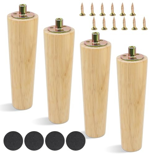 TOKSEO 4 Patas de Madera para Muebles de 15 cm, cónicas, Patas de Madera para Armario, Patas de sofá con Placa de Montaje, Almohadillas de Goma, Patas de Madera para Muebles, armarios, sillas, mesas