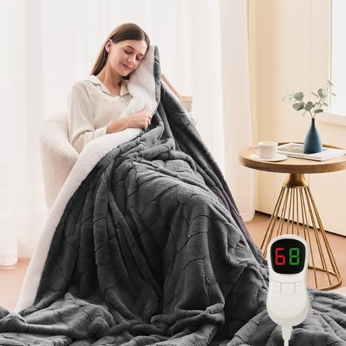 Homemate Heated Throw Electric Blanket - 130x160cm Luxury Faux Fur Sherpa Heated Throw, 1/2/4/6/8 Hours Auto-Off 10 Heat Levels Digital Control With Over-Heat Protection Grey