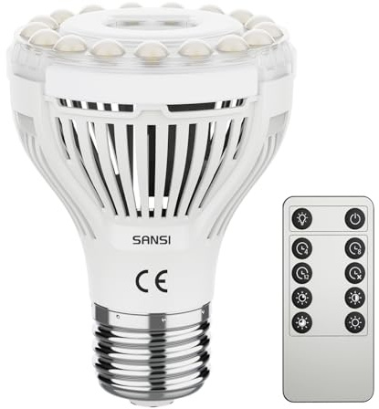 SANSI 4.5W Dimbar LED Växtlampa för Inomhusväxter, 30W Motsvarande E27 Odlingslampa med Fullspektrum och Fjärrkontroll, 4/8/12H Timer, 4 Ljusstyrkenivåer, 4000K Växtbelysning med Optisk Lins