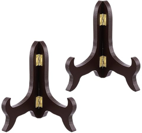 Bremorou Soportes para platos para exhibición de 12,6 cm, soporte plegable de madera, soporte para fotos, soporte decorativo de pino burdeos, soportes para platos, marcos de fotos y obras de arte