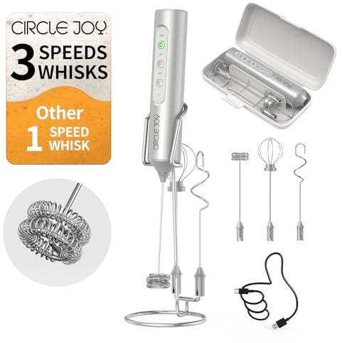 CIRCLE JOY Rechargeable Handheld Milk Frother Wand with Stand, 3 Variable Speeds, 3 Whisks and Storage Box, Electric Drink Mixer for Latte, Cappuccino, Hot Chocolate, Eggs and Protein Powder, Silver