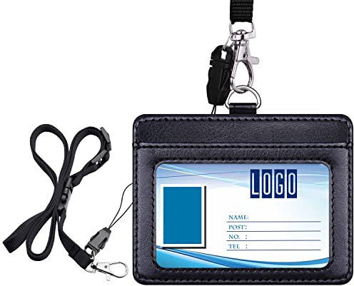 Wisdompro 2-Sided PU Leather ID Badge Holder with 1 ID Window and 1 Card Slot and 1 Piece 23 Inch Adjustable Polyester Detachable Neck Lanyard Strap （Holds 3 to 4 Cards）- Black (Horizontal)