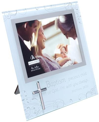 Malden International Designs Baptism 4x6 Mirrored and Frosted Glass Horizontal Picture Frame with Metal Silver Finished Border Quality Clear Glass Silver Mirror