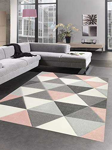 CARPETIA Teppich Wohnzimmerteppich Dreieck rosa grau Creme Größe 140x200 cm