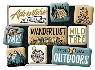 Nostalgic-Art Juego de Imanes Retro, Outdoor Adventure – Regalo para Aficionados al Camping, Decoración para la Nevera, Diseño Vintage, 9 Unidades