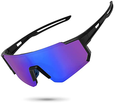 STORYCOAST Polarized Sports Sunglasses for Men Women,Bike Glasses Driving Fishing Cycling Mountain Bike Sunglasses UV400 Protection Black Frame-Blue Mirror Lens