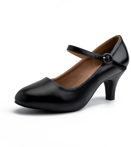 Women's Vintage Mary Jane Pumps Kitten Heels Closed Round Toe Low Heel Ankle Strap Retro Heels Office Work Wedding Shoes Black Matte US 7.5
