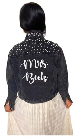 Monicustom Chaqueta de mezclilla personalizada con perlas para mujer, chaqueta de mezclilla blanca con perlas, chaqueta de mezclilla para novia