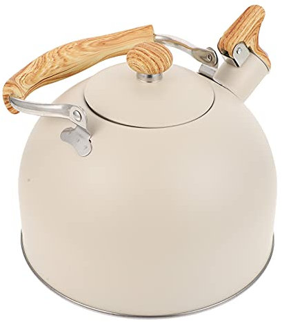 2.5L Stainless Steel Whistling Tea Kettle for Stovetop with Wooden Handle, Loud Whistle, Flat Bottom, Beige Color