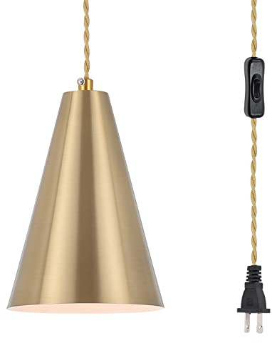 Gold Plug In Pendant Light,Hanging Lights With Plug In Cord On/Off Switch, Mini Brass Pendant Lights for Kitchen Island,Modern Chandeliers Light Fixture with Metal Shade,Hanging Lamps for Bedroom