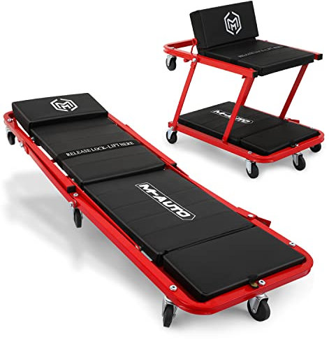 M-AUTO Enredadera mecánica convertible de alta resistencia, Z-Creeper 2 en 1 y asiento de 48 pulgadas, silla de garaje acolchada ajustable con 6 ruedas giratorias para lavado, detalles, mantenimiento,