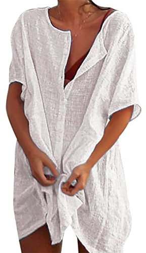 Svanco Mujer Vestido de Playa Transparentes Algodón Blusa de Bikini Cover up Suelto Verano Camisolas y Pareos Color Sólido Casual Ropa de Playa con Boton Trajes de Baño Pareos