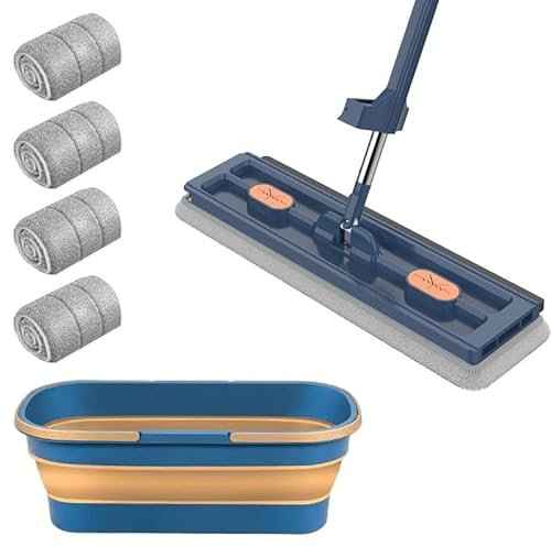 Grande scopa piatta, set con secchio, lavapavimenti con funzione di strizzatura, girevole a 360°, set con 4 cuscinetti in microfibra, mocio per piastrelle in legno duro