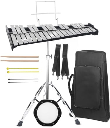 Professional 32 Note Glockenspiel Xylophone Bell Kit for beginner :Muted Practice Pad Percussion Kit for Adult, with Three Types of Drumsticks, Adjustable Stand&Carrying Bag
