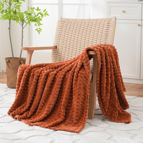 Puncuntex Burnt Orange Throw Blanket 50×60 Fuzzy 3D Jacquard Decorative