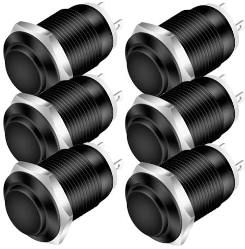 Gebildet Lot de 6 Interrupteurs à Bouton-Poussoir Momentané de 12mm, Câble à Tête Surélevée en Alliage d'aluminium 1NO 12V 24V 36V 110V 250V Etanche IP65 sans LED (Coque Noire)