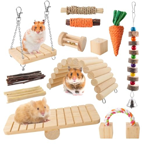 Pethee 12PCS Hamster Chew Toys Set,Small Animal Molar Wooden Toys,Boredom Breakers Cage Accessories, Dumbbell Bridge Swing Seesaw Apple Wood Ladder Bell for Rat Guinea Pig Chinchilla Gerbils Rabbit