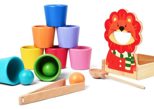 Vicloon Jeu de Tri Montessori en Bois pour Enfant 3 Ans et Plus, Jouet en Bois Balles dans des Tasses, pour Le tri des Couleurs et Le Comptage, Bebe Empiler et de tri Jouet, 8 Balles