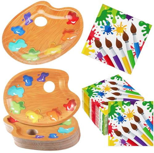 Poen 100 Pcs Art Birthday Party Paint Palette Plate and Napkin, Serves 50