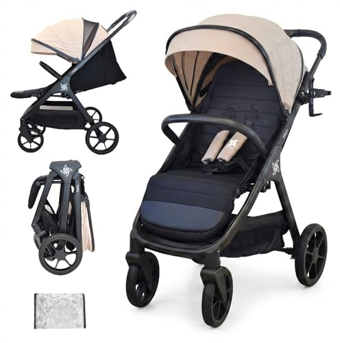 Twinly - Spacely - Passeggino Leggero 25 kg Portata, Passeggino da Viaggio Pieghevole ad una Mano, Seduta Ampia e Confortevole, Ruote Grandi Ammortizzate, Cappottina XXL e Parapioggia (Beige)