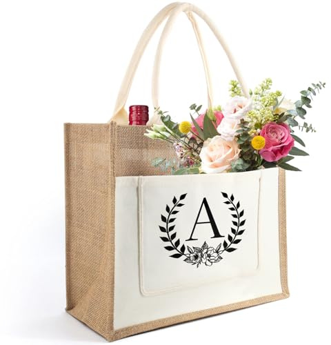 Personalized Initial Jute Tote Bag, Reusable Shopping Bag, Present Bag, Suitable for Wedding, Birthday, Beach, Holiday, Great Gift for Women, Mom, Teachers, Nurses, Best Friends, Bridesmaids(A)