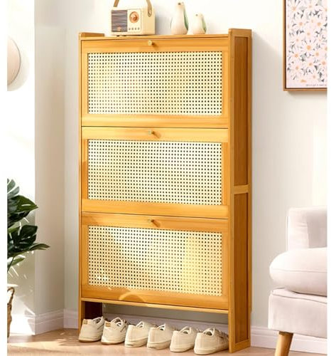 Meuble à chaussures caché rangement pour meuble à chaussures pour entrée niseur fin en bambou étagère à chaussures cachée rabattable en bois à 2/3 niveaux meuble à chaussures étroit pour