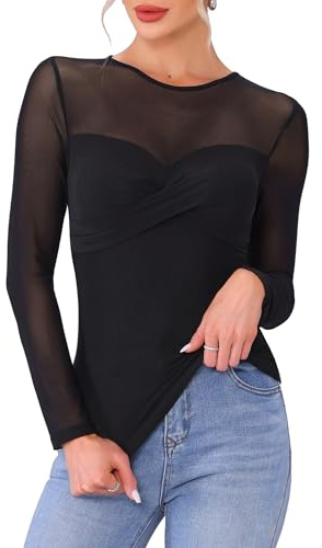 Allegra K Camiseta Transparente de Manga Larga para Mujer Blusa Malla Sensual Doble Capa, Ideal para Fiestas y Clubes Negro XS