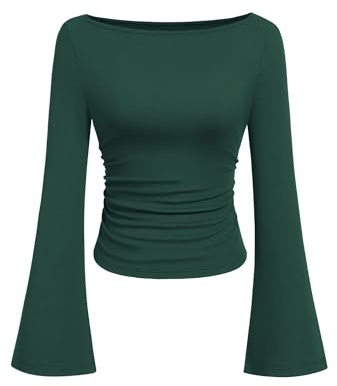 PRETTYGARDEN Womens Bell Long Sleeve Ribbed Knit Tops,Dark Green,XS