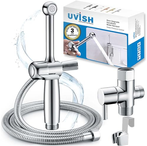 Uvish Handheld Bidet Sprayer for Toilet, Hand Held Bidet Attachment, Cloth Diaper Toilet Sprayer Brass 7.9 Bidet Wand, Adjustable Water Jet Spray for Toilet with Backflow Preventer, Chrome