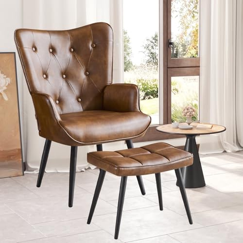 Ckaff Poltrona Salotto con Poggiapiedi, Poltrona Camera da Letto con Sgabello, Poltronina Imbottita in Pelle PU, Poltrone Scandinava Relax con Schienale Alto per Soggiorno Camera da Letto, Marrone