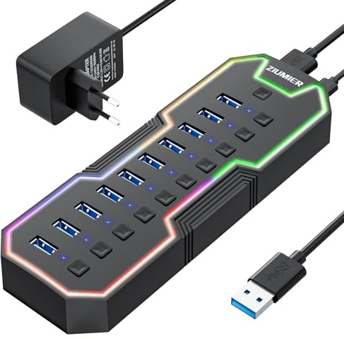Hub USB Powered 10 porte USB 3.0 Hub con striscia LED RGB e adattatore di alimentazione 12 V/2 A per MacBook, Mac Pro, Mac mini, iMac, Surface Pro, XPS, PC, Flash Drive, Mobile HDD