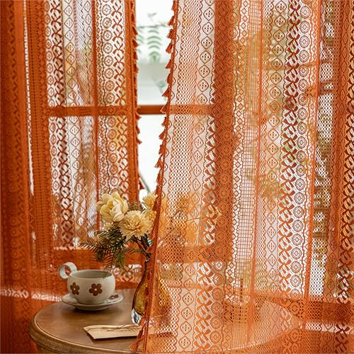 Sutuo Home Terracotta Boho Lace Curtains 2 Panels 84 Inches Long for Living Room&Bedroom, Burnt Orange Crochet Privacy Farmhouse Vintage Tassels Retro Halloween Window Sheer Curtains Rod Pocket,50 W