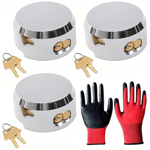 Trailer Lock 3 Pack Keyed, Trailer Door Puck Lock with Work Gloves, 6061 Aluminum Hidden Shackle Hockey Puck Locks for Enclosed Trailers, Trucks, Vans, Sheds, Gates, w/6 Keys
