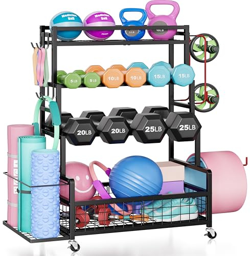 Dumbbell Rack,Home Gym Storage Rack,Total Weight Capacity 490 lbs,Weight Rack with Wheels/Strength Training Equipment Storage Rack with Hooks,Stores Dumbbells,Kettlebells,Yoga Mats