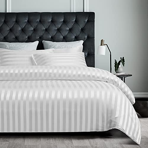 YASMENG - Funda nórdica de satén (140 x 200 cm), color blanco a rayas brillante y lujo, juego de cama de seda suave, satén suave, seda, ropa de cama para adultos con cremallera y funda de almohada de