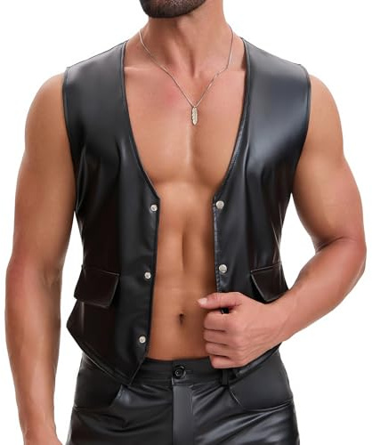 xokesy Débardeur sexy en cuir extensible doux pour homme, col en V boutonné, poche de gilet, boucle dans le dos, chemise caraco unie décontractée