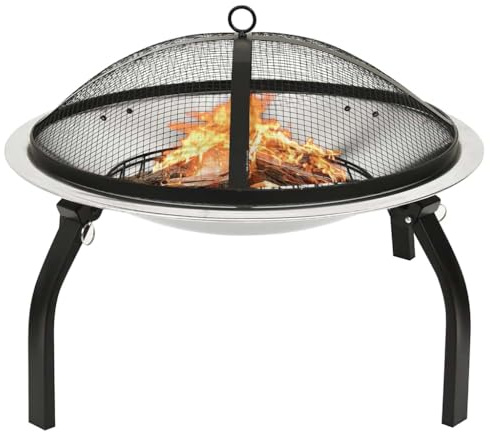Mangloder - Brasero y parrilla 2 en 1 de acero inoxidable, 56 x 56 x 49 cm, con atizador, parrilla y protección contra chispas para jardín, terraza, exterior con leña y calor