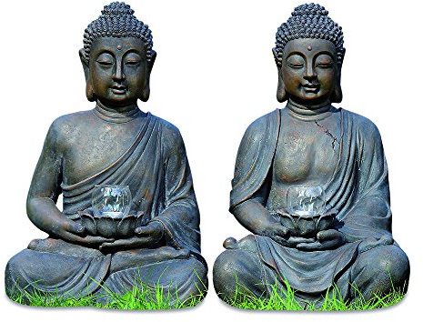 Buddha mit Windlicht, Buddhafigur, Gartenfigur mit Windlicht in den Händen aus Kunstharz, Sortiert, 1 Stück, Höhe ca. 61 cm