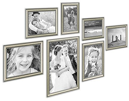 PHOTOLINI 7er Bilderrahmen-Collage Silber Barock Antik aus Kunststoff inklusive Zubehör/Foto-Collage/Bildergalerie/Bilderrahmen-Set