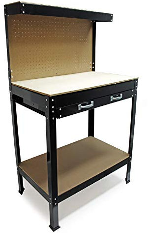 Banco Taller 1150x550x1400mm Mesa Taller Superficie Trabajo Panel Perforado Balda Cajón Herramientas, Negro, de acero.
