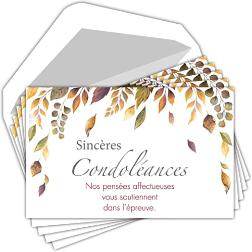C5260 Sincères Condoléances Lot 5 Cartes identiques + 5 Enveloppes Blanches Format 9x14cm - Pensées affectueuses Courage Soutien épreuve Décès Deuil Chute Feuilles Arbre Pochette Fabriqué en France