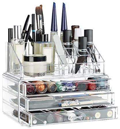Relaxdays 1 x Make Up Organizer klein, 2-teilige Schminkaufbewahrung mit Schubladen, stapelbares Kosmetikregal, transparent